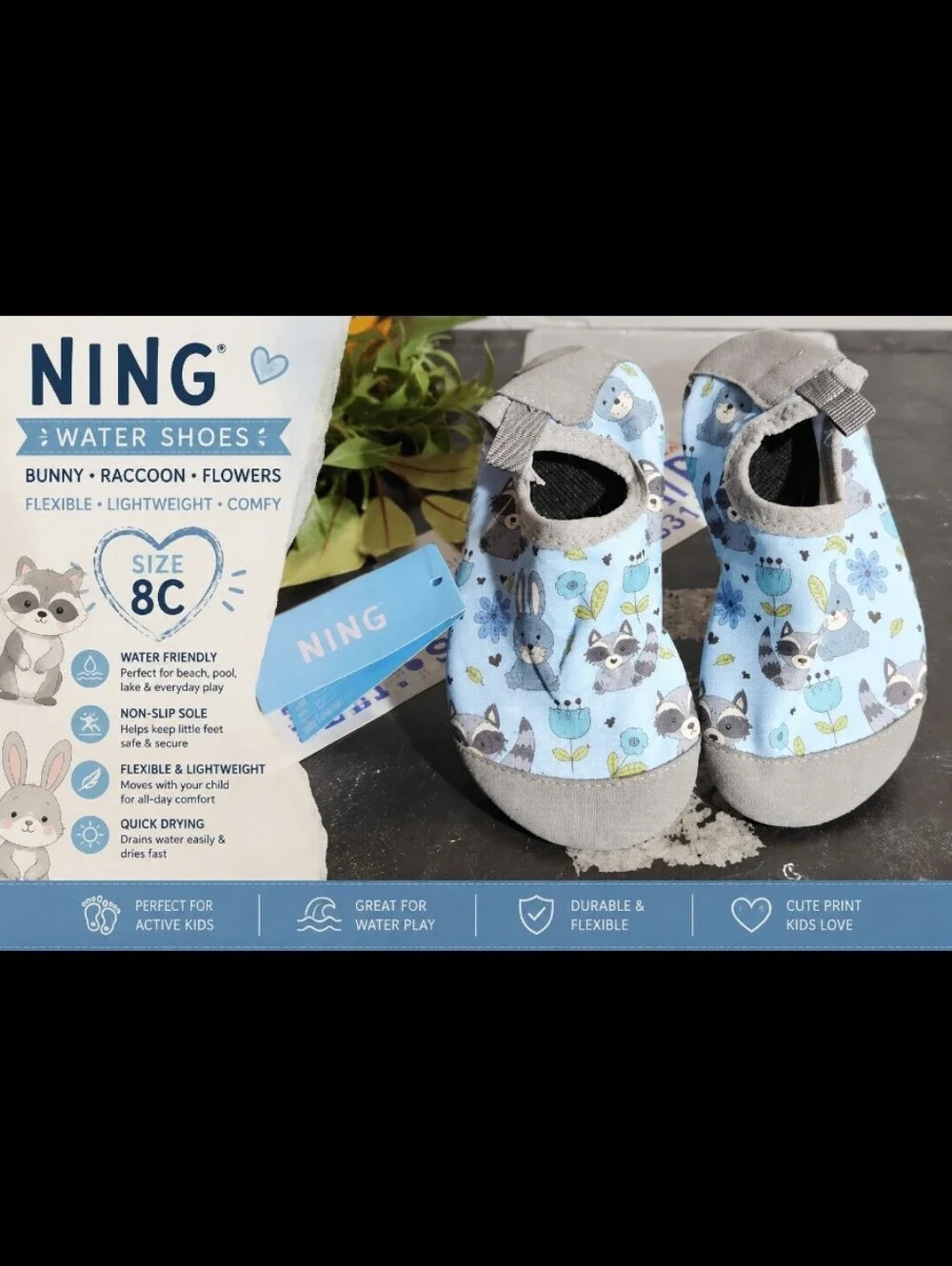 NING Bunny Raccoon Flower Flexable Water Shoes 8C